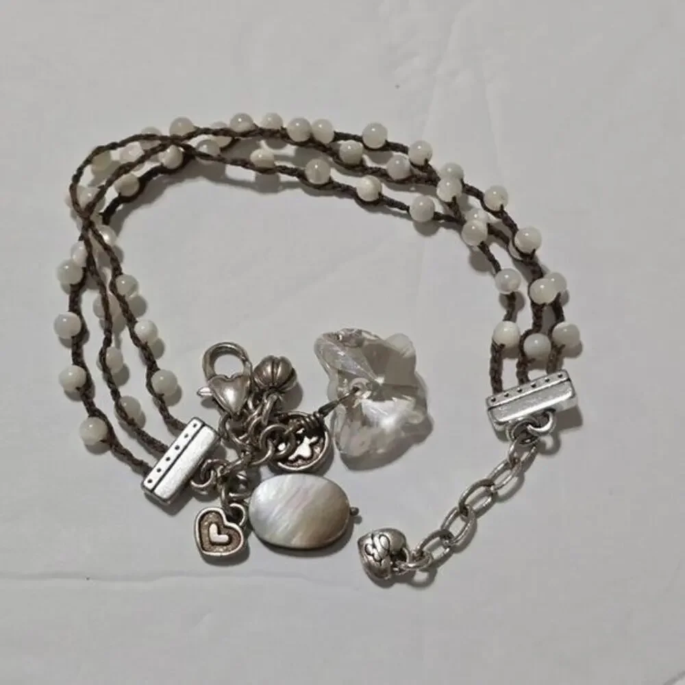 Brighton Bracelet Charm‎ White Bead Karma Silver Hearts Crystal Boho Jewelry